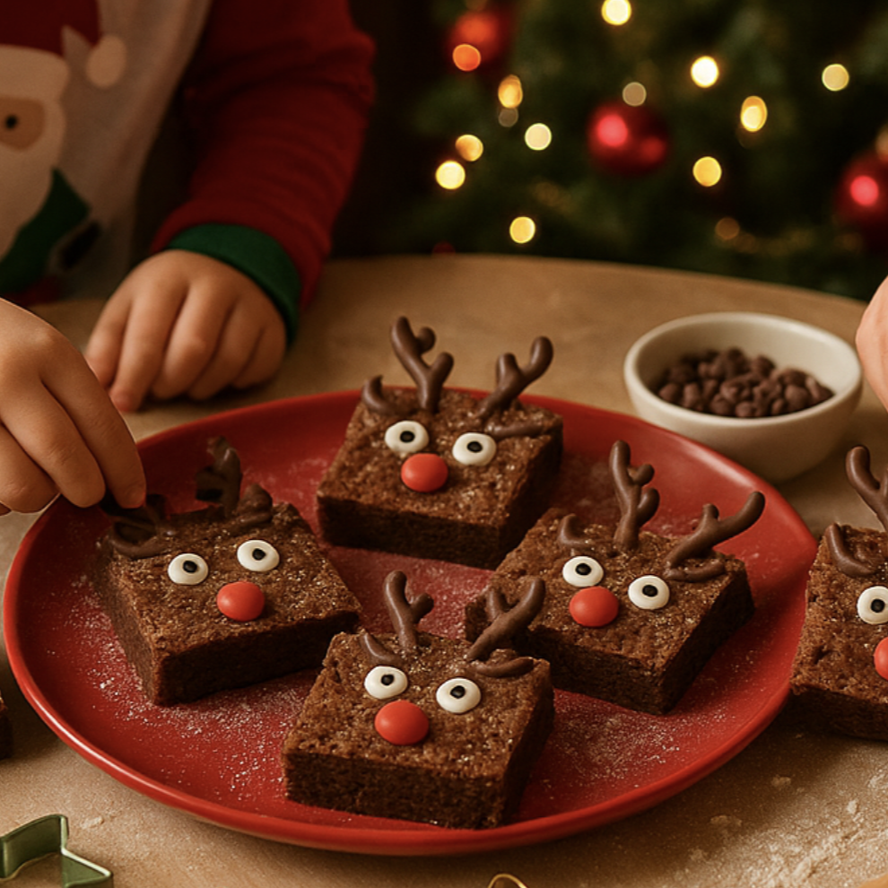 Children decorating Christmas reindeer brownies with chocolate antlers and candy noses