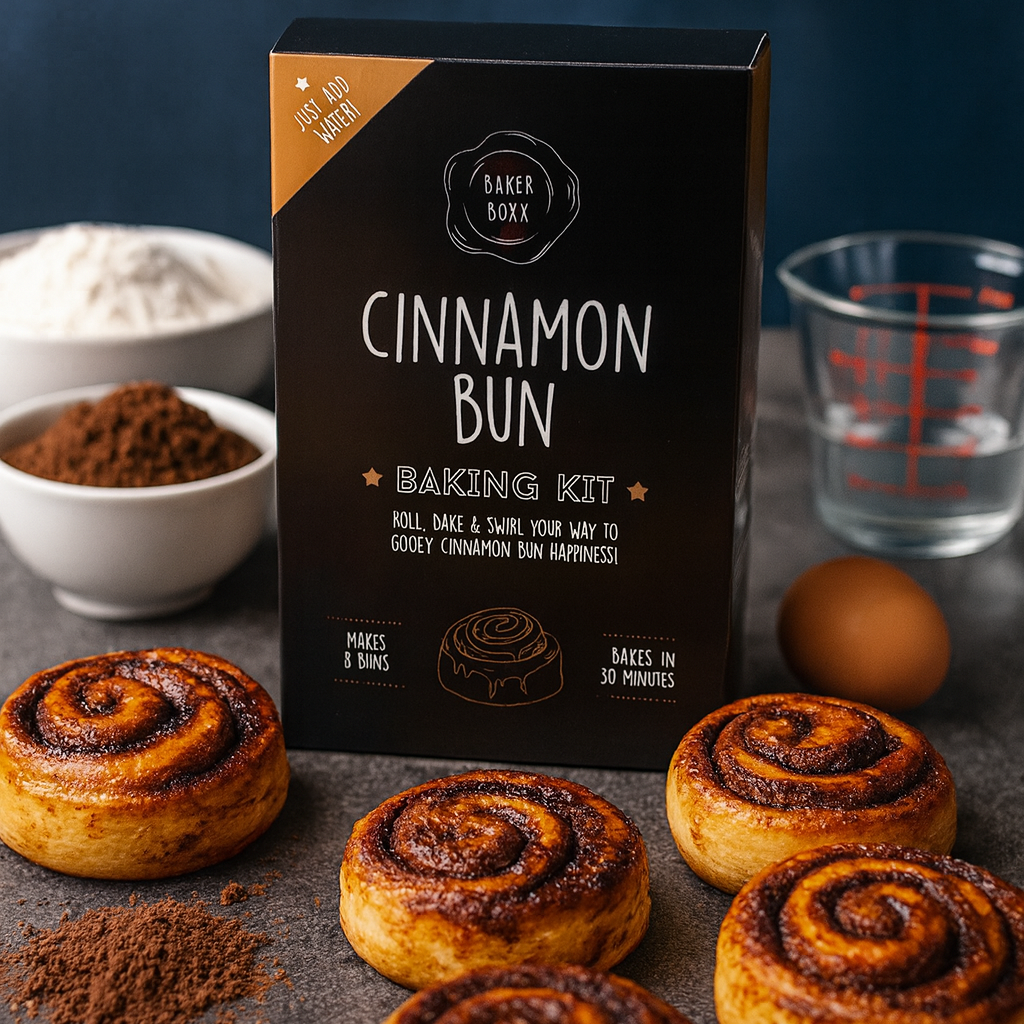Cinnamon bun baking kit with ingredients and a measuring cup on a dark surface.