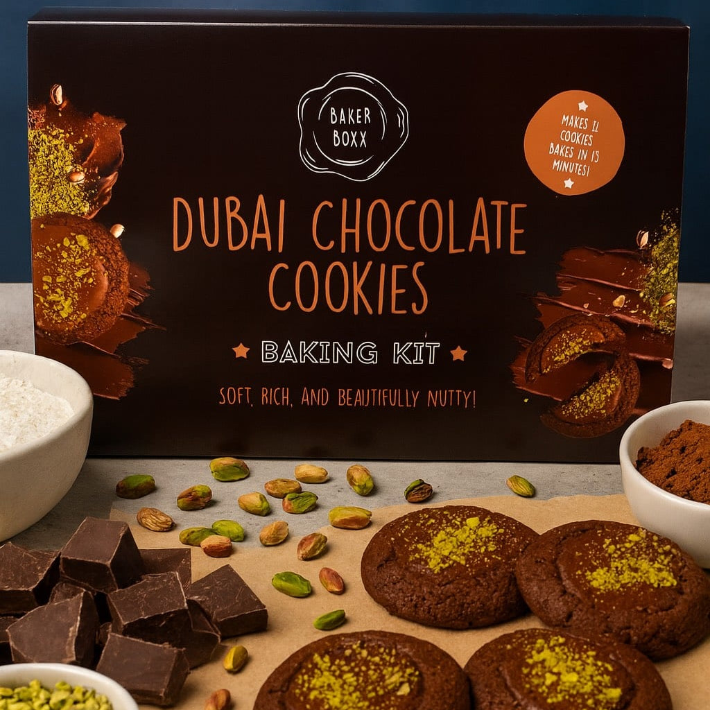 Baker Box Dubai Chocolate Cookies baking kit with cookies and ingredients on a table.